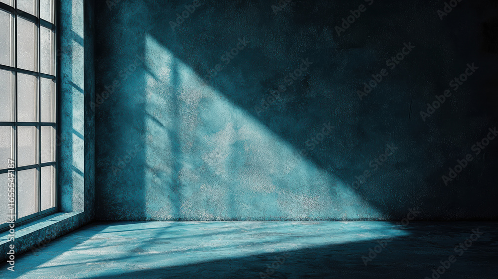 Sticker a darkly background wall painted in light blue, with lots of deep shadows creating a moody atmospher