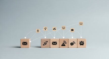 Digital communication network connecting various business and technology icons