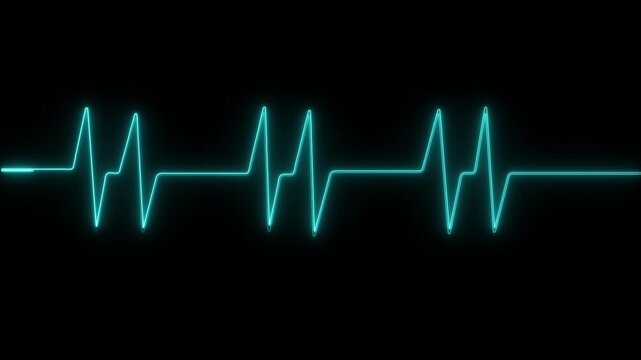 Heart shape with animated cardio pulse. Health care medical black grid background with crosses symbols of help. Looped motion graphics. neon Atrial fibrillation ECG loop animation.