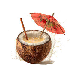 Refreshing Coconut Drink with Straw and Red Paper Umbrella Splashing Water.