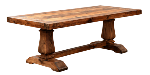 Large rustic wooden dining table with a trestle base