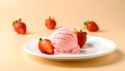 Strawberry Ice Cream Delight: Single Scoop with Fresh Berries on White Plate
