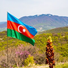 Flag waving over a mountain landscape