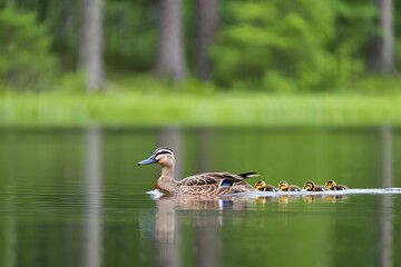 Obraz premium Ducklings Swimming Together in Freshwater