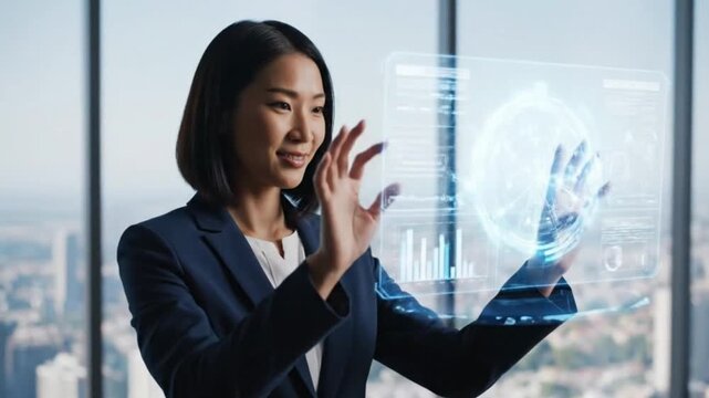 Woman in suit interacts with a futuristic display in a highrise building