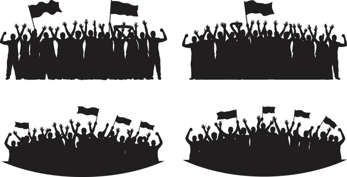 Silhouette of cheering crowd with flags, people celebrating, protest or victory event, unity, demonstration, or public rally illustration