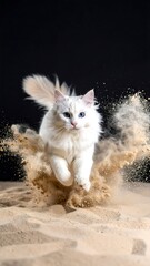 White cat leaping through sand