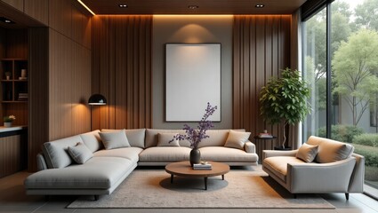 Fototapeta premium Modern living room with large window and wooden accents.