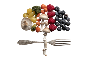 Colorful fruits and vegetables arranged to resemble a brain, with a fork and knife