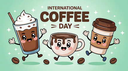 Kawaii coffee cups and mug celebrate International Coffee Day