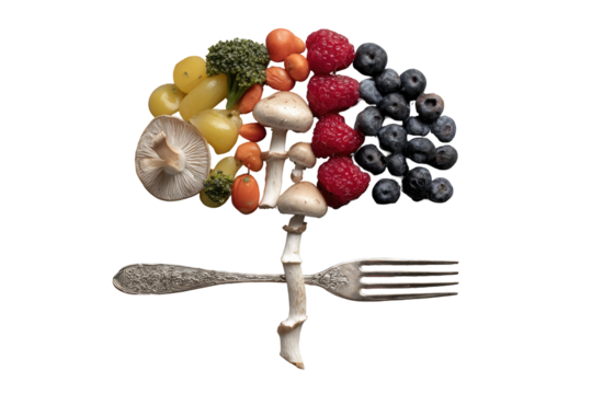 Colorful fruits and vegetables arranged to resemble a brain, with a fork and knife