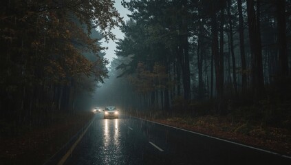 Fototapeta premium Driving Through a Misty Forest Road on a Rainy Evening