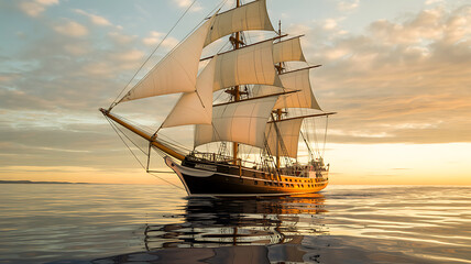 Obraz premium Majestic three masted sailing ship on calm ocean at sunset