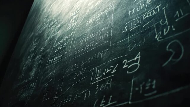 Close-up of a chalkboard covered in complex equations and diagrams - Powered by Adobe