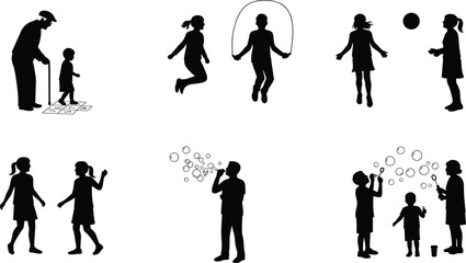 Silhouette of children and adults playing outdoor games, skipping, blowing bubbles, hopscotch, ball games, fun childhood activities, family interaction