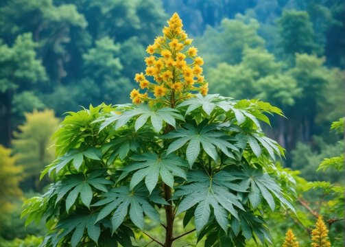 A majestic castor oil plant tree stands tall amidst a lush green forest with its vibrant leaves and yellow flowers