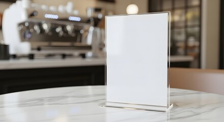 Modern cafe display menu holder on marble table with blurred espresso machine background
