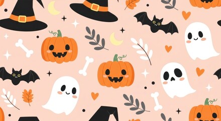 Obraz premium Halloween seamless pattern with pumpkins, ghosts, bats