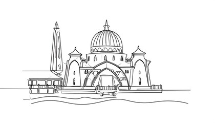 Single-line drawing of a mosque by the water
