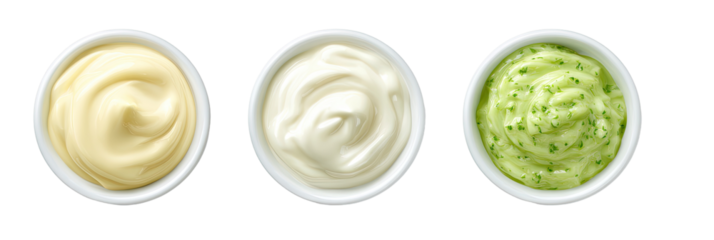 Three small white bowls of creamy sauces