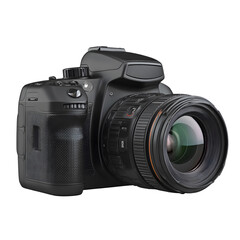 Fototapeta premium Sleek black DSLR camera with textured grip and prominent lens.