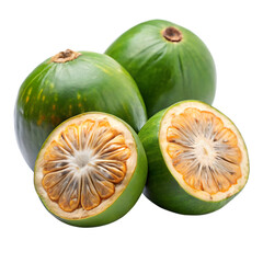 Group of green fruits, one sliced, isolated on transparent background
