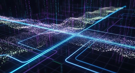 Abstract Digital Network: Glowing Lines and Particle Data Visualization.