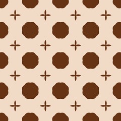 Balanced tile layout circular blossoms with cross motifs. Seamless tile pattern with rounded floral shapes and cross accents in earthy brown. Classic tile pattern geometric crosses petal form.