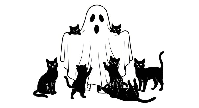 Halloween Ghost with Black Cats on White, Spooky Season Celebration, Feline Friends