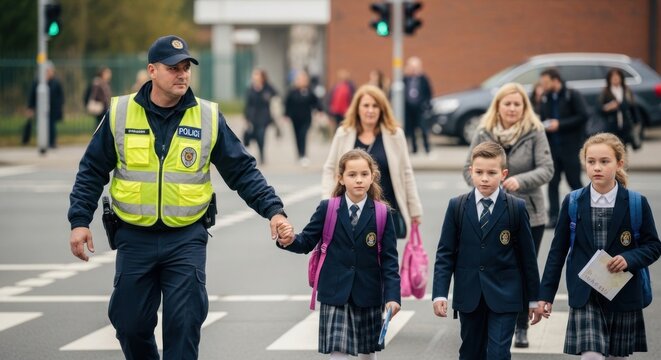 Safety with Police Officer Escorting Students Across Crosswalk in Uniform, Ensuring Security and Protection for Children Walking to School, Promoting Community Trust