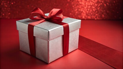 Obraz premium Silver gift box with red ribbon on a red background for a special celebration