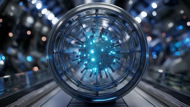 A blue sphere with a blue center. The sphere is surrounded by a blue frame. Closeup of a pathogen sphere encased in futuristic metallic cage, biosecurity, glowing blue and teal lights