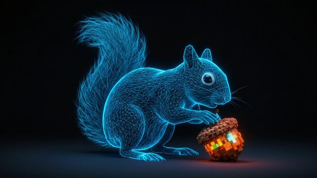 Holographic squirrel interacting with a glowing acorn