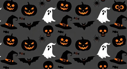 Fototapeta premium Halloween Seamless Pattern with Pumpkins, Ghosts, Bats
