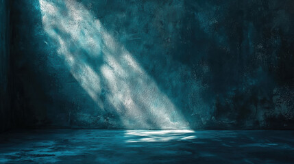 Naklejka premium A darkly background wall painted in light blue, with lots of deep shadows creating a moody atmosphere.
