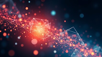 Abstract data visualization with floating geometric shapes and light particles.