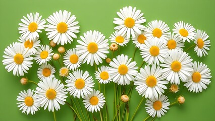 Obraz premium A natural arrangement of white daisies against a green background, exuding freshness.