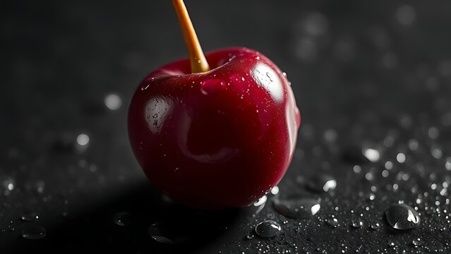 Single ripe cherry with water droplets, emphasizing natural freshness and beauty.