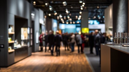 Trade Show Exhibit Blurred Crowd Display Booths Glass Bottles exhibition