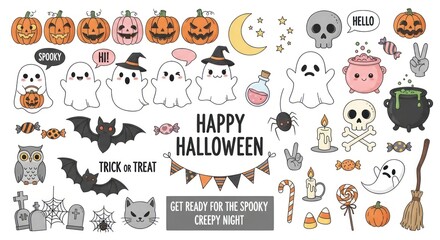 Halloween Kawaii Elements with Pumpkins, Ghosts, Bats