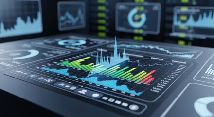 Financial Data Analysis Interface with Charts and Graphs, Showing Market Trends and Business Intelligence, Ideal for Investment Strategy and Economic Forecasting