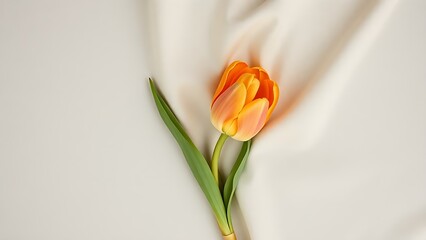 A lone tulip rests gracefully on beige fabric, arranged in a simple yet elegant flat lay composition.