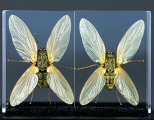 Two preserved flies with translucent wings