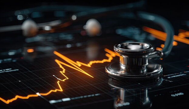 Medical data analysis, stethoscope on financial chart