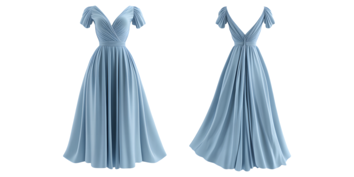 Elegant blue chiffon lace gown isolated on transparent background