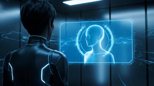 Person observing holographic display in elevator