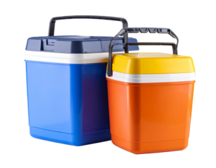  Stacked Camping Coolers, Slightly Tilted Perspective, Isolated on Transparent Background