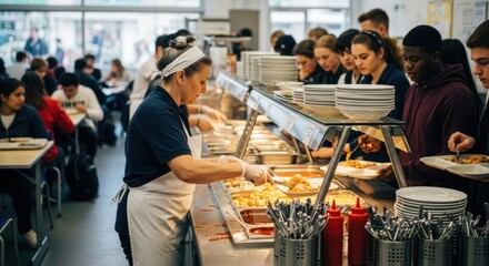 Cafeteria Service with Students in Line at a School Canteen, Server Wearing Apron and Gloves Serving Food, Diverse Group of Young People Eating Lunch Together in a Bright Dining Hall