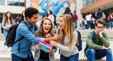 Obraz premium Students Laughing Together with a Sad Student Sitting Separately on School Steps, Illustrating Contrasting Emotions and Social Dynamics in Education