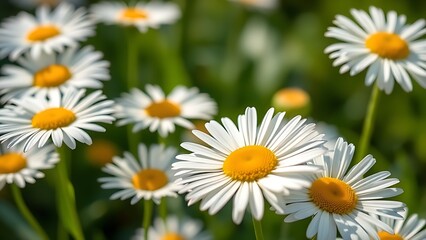 Obraz premium Fresh daisies bathed in sunlight with a soft green background, showcasing delicate petals in close-up.